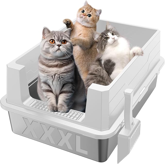 XXXL Stainless Steel Litter Box,Extra Large 28" L x 20" W Metal Litter Box for Big Cats & Multiple Cats with High Sided, Anti-Urine Leakage, Non-Sticky, Easy Cleaning, Include Scoop(White-Mewly Pet