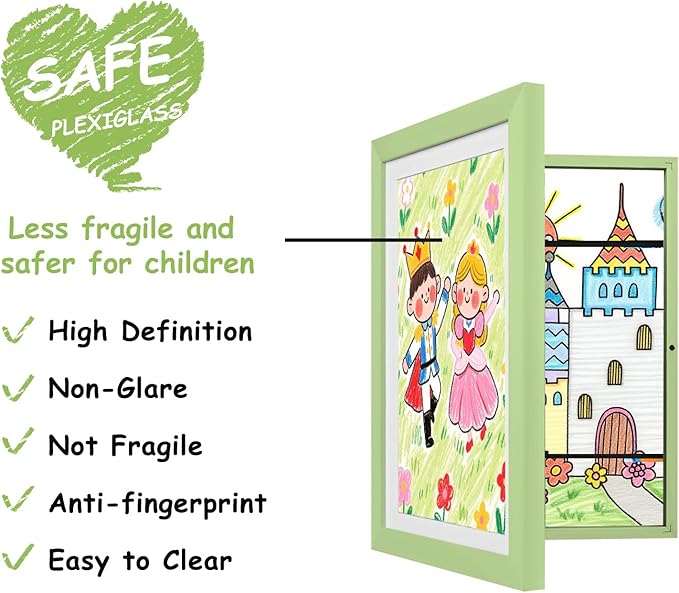 KINLINK A4 Kids Art Frames Set of 2, Solid Wood Kids Artwork Frames Changeable with Acrylic Front Opening Holds 150 Pictures, Art Frame for Kids Artwork with Mat or without Mat, Light Green