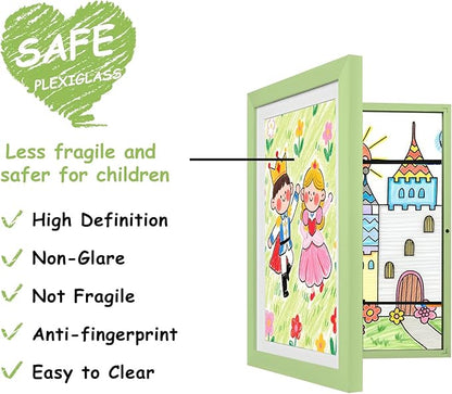 KINLINK A4 Kids Art Frames Set of 2, Solid Wood Kids Artwork Frames Changeable with Acrylic Front Opening Holds 150 Pictures, Art Frame for Kids Artwork with Mat or without Mat, Light Green