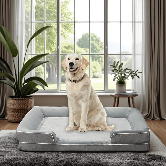 Dog Beds for Large Sized Dogs,Washable Orthopedic Memory Foam Dog Couch Sofa Bed with Bolster,Removable Cover,42x30Inch,Grey-Mewly Pet