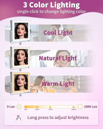 Rechargeable Wall Mounted Makeup Mirror with Lights, 4000mAh Double Sided 1X/10X Magnifying Vanity Mirror with 3 Color Lights, Touch Dimmable, 360° Extension Foldable Arm (Chrome)