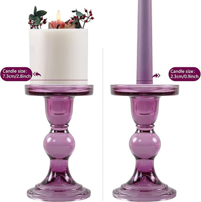 GMWD 3 Pcs Glass Candle Holder Set Clear, Purple Candlesticks Holders Pillar Taper Candles Tealight Stand for Wedding Centerpieces Home Decorations Dining Table