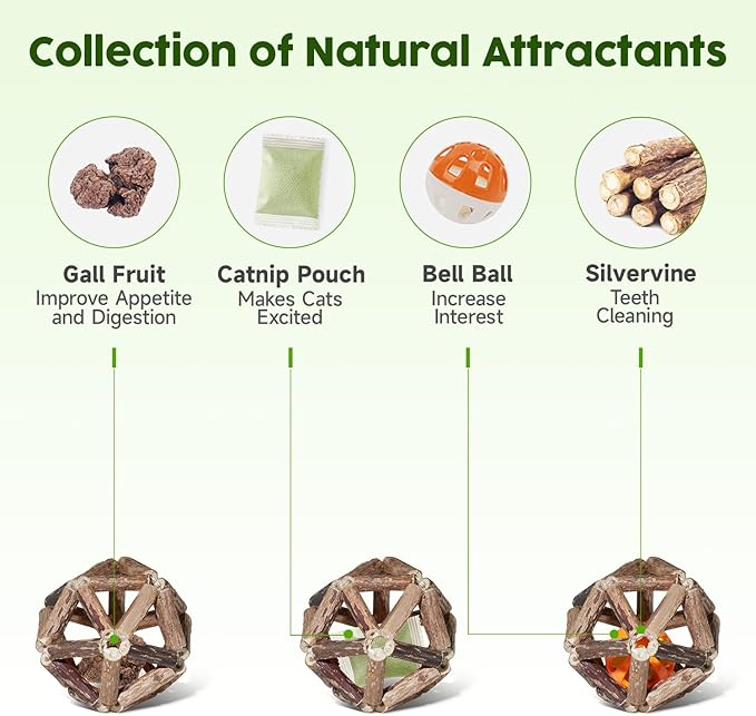 Potaroma Catnip Toys, 3Pcs Cat Toys Natural Silvervine Stick Cage Balls & Bell Ball for Indoor Cats, Kitten Cleaning Teeth Molar Matatabi Cat Chew Toy All Breeds-Mewly Pet