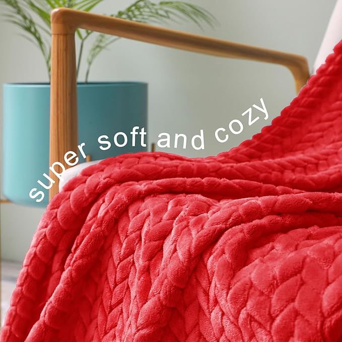 Exclusivo Mezcla Fleece Throw Blanket for Couch, 50x70 Inches Soft Cozy Jacquard Flannel Blankets, Lightweight Fuzzy Plush Warm Throws for Winter, Red