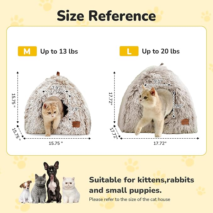 CATISM Cat Bed, Cat Cave for Indoor Cats, Soft Cat Dome, Self-Warming 2 in 1 Foldable Pet Cat House with Washable Cushioned Pillow Calming Fluffy Dog Beds for Small Dogs with Anti-Slip Bottom Brown L-Mewly Pet