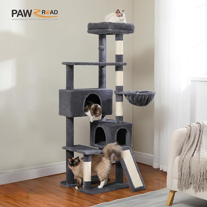 PAWZ Road Cat Tree, 60 Inches Cat Tower with Dual Condos, Spacious Perch, Cozy Basket and Sisal-Covered Scratching Posts for Indoor Cats- Dark Gray-Mewly Pet