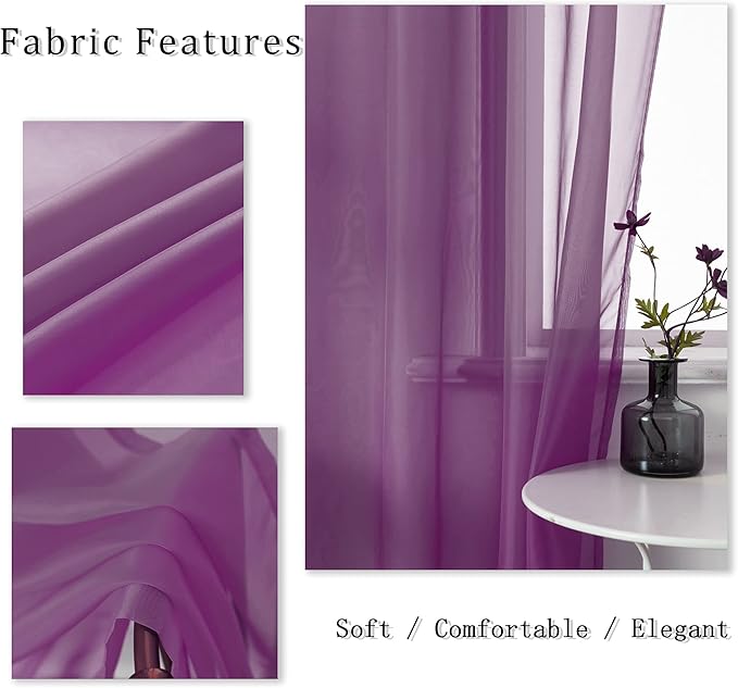 DUALIFE Purple Curtains 96 Inches Long for Living Room Set of 2 Panels Grommet Window Semi Voile Drapes Dark Purple Sheer Curtains for Kids Girls Bedroom Decor Royal Purple 52x96 Inch Length
