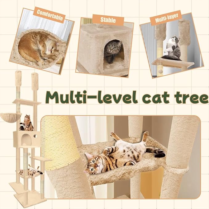 96.5"-108" Cat Tree Floor to Ceiling 7-Tier Cat Tower Adjustable Height with Scratching Posts, Cozy Hammock, Cat Condo for Indoor Cats(Beige)-Mewly Pet