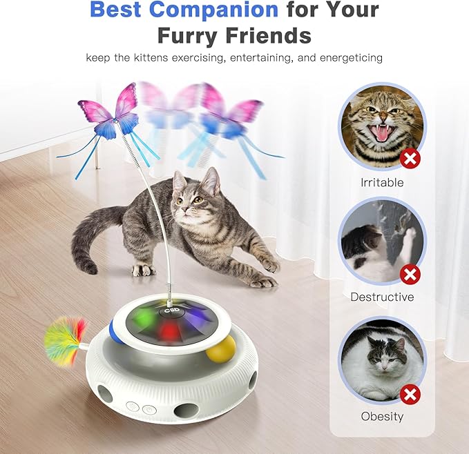 Automatic Interactive Cat Toys for Indoor Cats & Bored Adults - Kitten Toys with Fluttering Butterfly, Ambush Feather & Track Balls - Exercise & Stimulation for Playful Cats (Beige)-Mewly Pet
