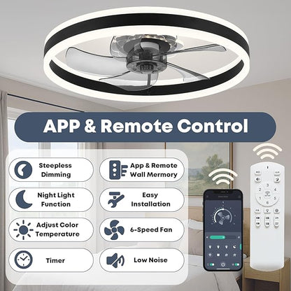 Ceiling Fan with Light, Upgraded 20‘’ Low Profile Fan, Flush Mount Ceiling Fan, 6 Speeds, Dimmable LED, App & Remote Control, Quiet DC Motor, for Bedroom, Living Room, F105 Black-D