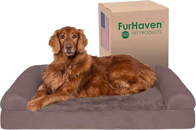 Furhaven Orthopedic Dog Bed for Large Dogs w/ Removable Bolsters & Washable Cover, For Dogs Up to 95 lbs - Faux Fur & Velvet Sofa - Driftwood Brown, Jumbo/XL-Mewly Pet