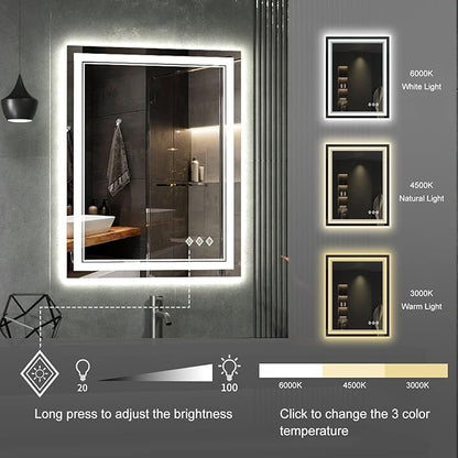 LED Bathroom Mirror, 24x32 Inch Gradient Front and Backlit LED Mirror for Bathroom, 3 Colors Dimmable CRI>90 Double Lights, IP54 Enhanced Anti-Fog, Hanging Plates Vanity Mirror with Lights