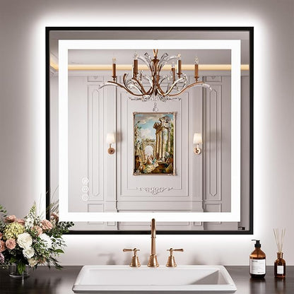 LED Bathroom Mirror,36"x36" Mirror with Black Frame, Front Light and Backlit, Stepless Dimmable, Anti-Fog, Shatter-Proof, Memory, 3 Colors, Double LED Vanity Mirror