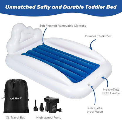Inflatable Toddler Travel Bed, Reversible 2 Color Kids Air Mattress | Kids Blow up Mattress with Sides | Portable Toddler Bed for Travel, Sleepovers - Navy Blue & Grey