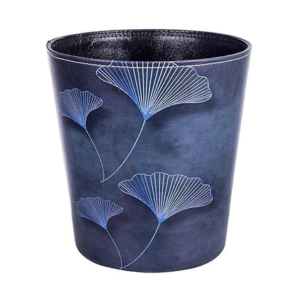 10L/2.64 Gallon Trash Can, Decorative Waste Basket, PU Leather Waste Paper Basket, Waterproof Garbage Can for Bathroom, Bedroom, Office, Kitchen and Living Room - Blue Lines Leaves