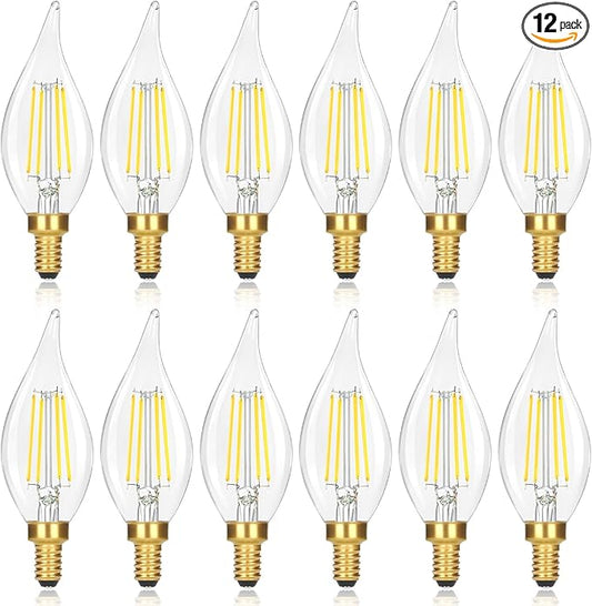 12-Pack Dimmable E12 LED Candelabra Bulbs 60 watt Equivalent, 5000K Daylight White Dimmable Chandelier Light Bulbs, 6W 630LM Vintage Flame Tip E12 LED Candle Bulb