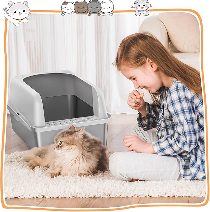 2 Pack Stainless Steel Litter Box, 24'' XL Extra Large Cat Litter Box with Lid, Metal Litter Boxes for Multiple Cats, Anti-Leakage,Non-Stick, Easy to Clean, Included Cat Litter Mat, Scoop-Mewly Pet