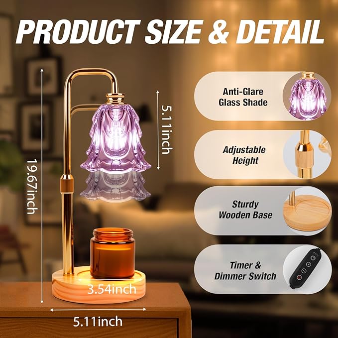 Candle Warmer Lamp with Timer and Dimmer, Electric Wax Warmers for Scented Candles with 5 Brightness Settings, Anti-Glare Lamp with Adjustable Height, Home Decor, Gift for Christmas, Birthday