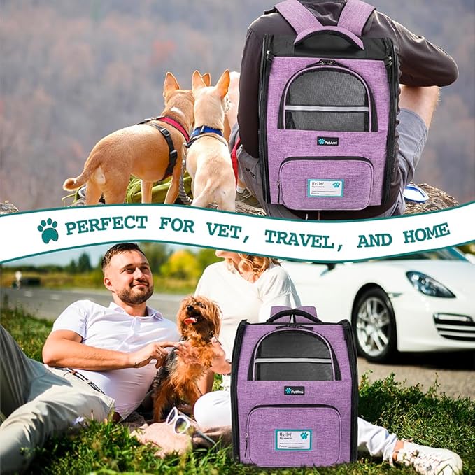 PetAmi Dog Backpack Carrier for Small Large Cat, Pet, Puppy, Ventilated Pet Hiking Backpack Travel Bag, Airline Approved Cat Backpack Carrier, Camping Biking Dog Bag Up to 18lbs Pet, Purple-Mewly Pet