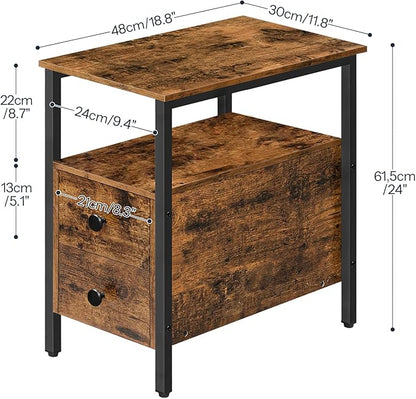 HOOBRO End Table, Narrow Chairside Table with Drawer and Open Storage Shelf, Nightstand for Small Spaces, Stable and Sturdy Construction, Wood Look Accent Furniture, Rustic Brown and Black BF548BZ01G2