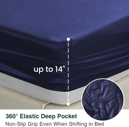 Love's cabin Satin King Sheet Sets - 4 Piece Navy Blue Silky Sheets King Size Bed with Deep Pocket, Luxury Silk Feel King Size Satin Sheet Set (1 Flat Sheet,1 Fitted Sheet,2 Pillow Cases)