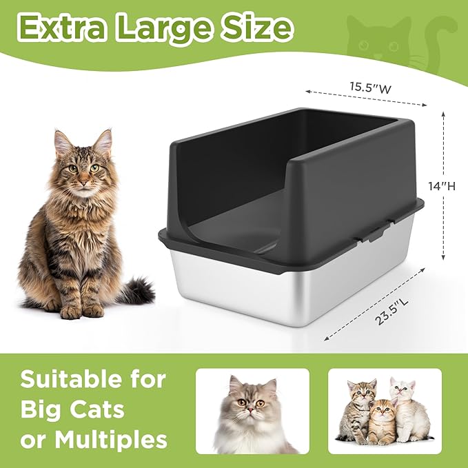 Stainless Steel Litter Box, Large Litter Box with Lid, Splash Proof, or Rusts, Black (23.5" L x 15.5" W x 14" H)-Mewly Pet