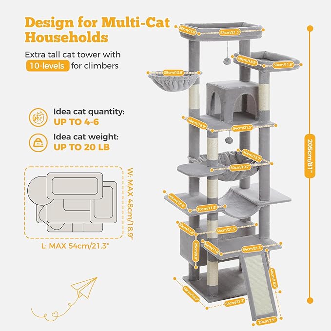 81" Heavy Duty Cat Tree for Large Cats up to 20lbs - Extra Tall Cat Tower with Metal Frame Hammock, 6 Sisal Scratching Posts, 2 Perches - Indoor Cat Furniture for Maine Coon, Big Cats, Gray-Mewly Pet