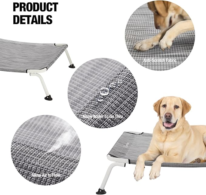 Veehoo Elevated Dog Bed for Outdoor, Cooling Waterproof Raised Dog Cots Beds XL, Curved Off Ground Pet Hammock Cot Lifted for Outside, up to 150lbs, White Legs, Black Silver 49"-Mewly Pet