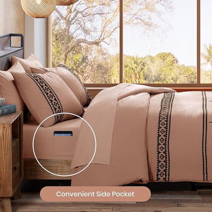 MaiRêve Embroidery Queen Size Comforter Set Dusty Pink, Boho Farmhouse Western Bedding Set 7 Pieces, All Season Bed in A Bag Comforter Set with Sheets, Pillowcases & Shams