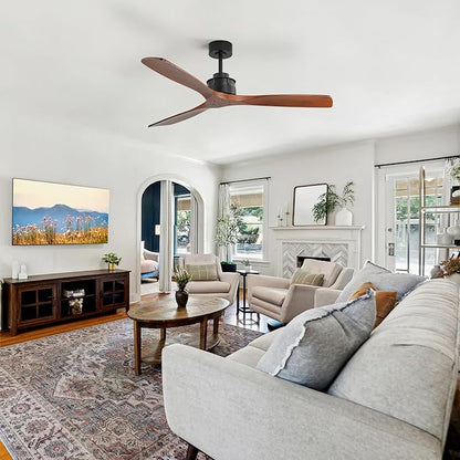 Sofucor 60 Inch Ceiling Fan No Light, Indoor/Outdoor Ceiling Fans Without Lights Remote Control, Reversible DC Motor, 6 Speed, Timer, 3 Blade Solid Wood Ceiling Fans for Bedroom Patio Farmhouse