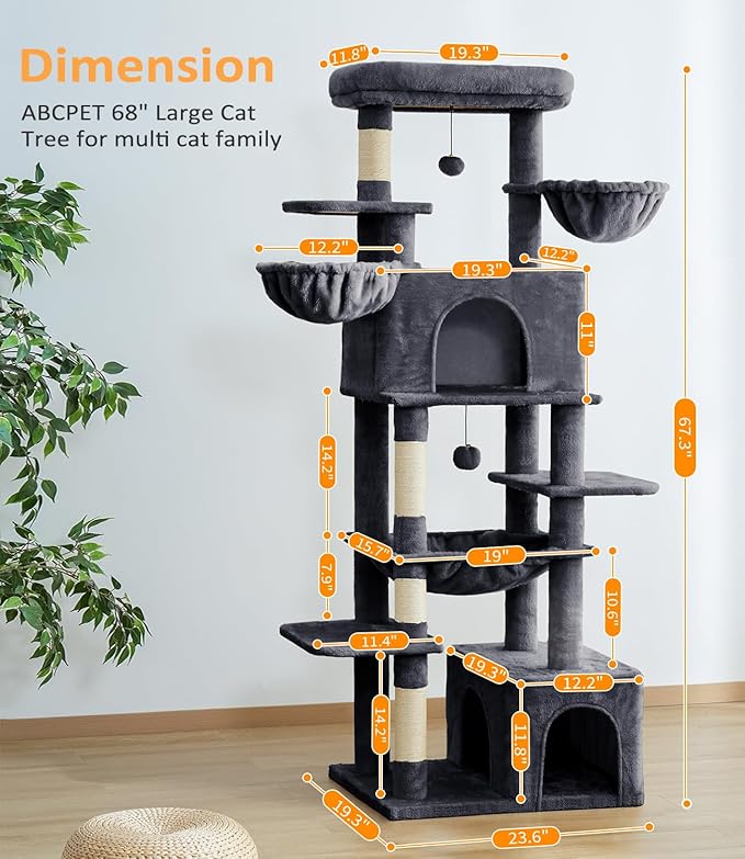 Cat Tree Large Cat Tower Tree 68" Multi-Level Cat Tower for Indoor Cats with Sisal Scratching Posts, Widen Cat Perche, Square Hammock, 2 Widen Condos, Scratching Posts, Grey-Mewly Pet