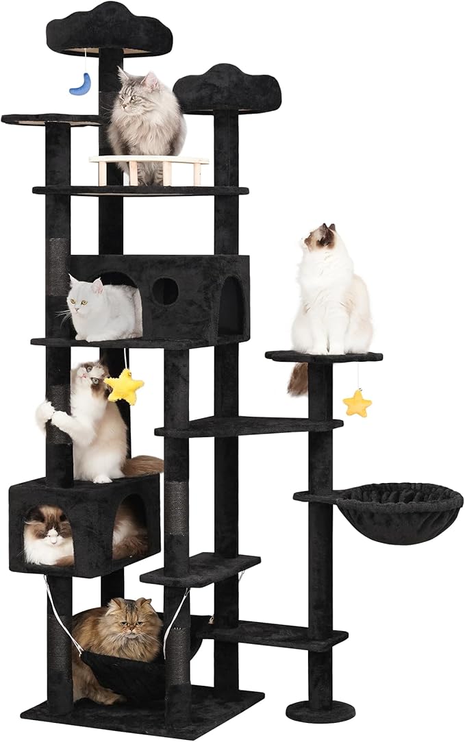 85inch Giant Cat Tree for Heavy Duty Big Cats, Multi-Level Luxury Cat Tower with Scratching Post, Cat Condo with Hammocks & Plush Perches for Indoor Cats Large Adult, Black-Mewly Pet