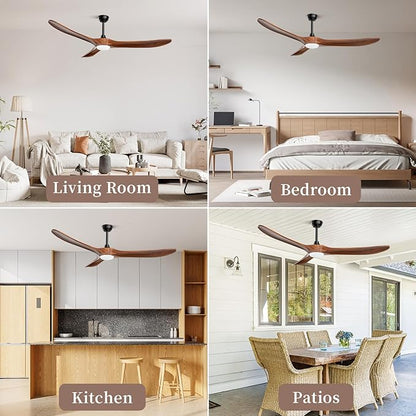 Obabala Ceiling Fans with Lights and Remote, 60inch Outdoor Ceiling Fan 3 Solid Wood Blades Fan with 3 Downrods for Patios, Modern Ceiling Fan with Noiseless Reversible DC Motor (Solid Wood, 60in)