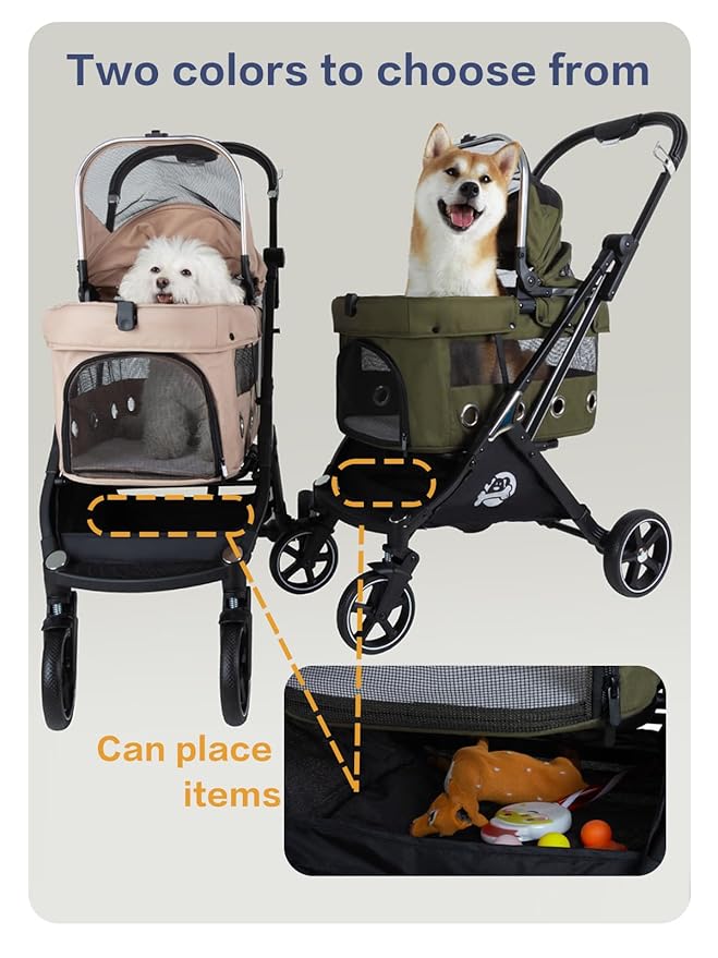 JK Pawadore 4 Wheels Pet Stroller Best Lightweight Foldable Portable Secure Easy Lock NO-Zip 180 ̊ Canopy Sun Shades Waterproof for Small/Medium Dogs 33lbs with Large Storage Basket (Army Green)-Mewly Pet