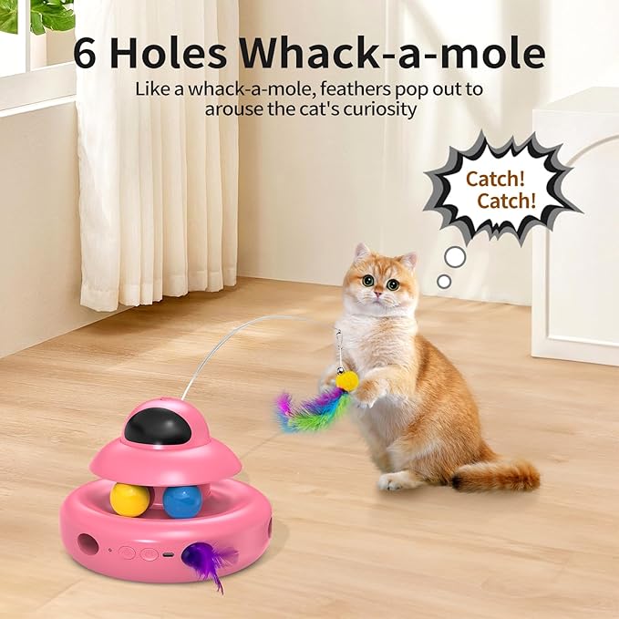Automatic Cat Toys,4-in-1 InteractiveCat Toys for Bored Indoor Adult Cats, Electric Flying Butterfly,Rechargeable Moving Ambush Feather,Pink Kitter Toy Track Balls-Mewly Pet