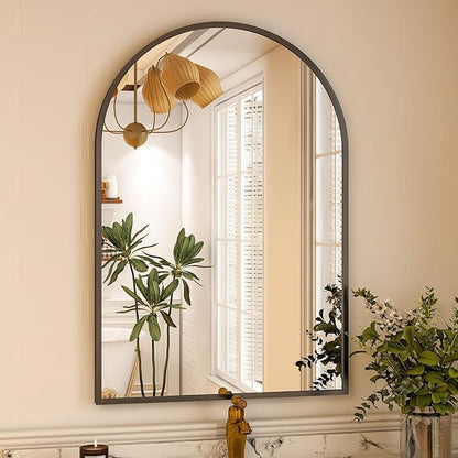 VooBang Arched Wall Mirror, 32 x 48 inch Arch Bathroom Mirror, Wall Mounted Vanity Mirror with Arch Metal Frame, Modern Bathroom Vanity Mirror for Bedroom, Living Room, Hanging or Leaning, Black