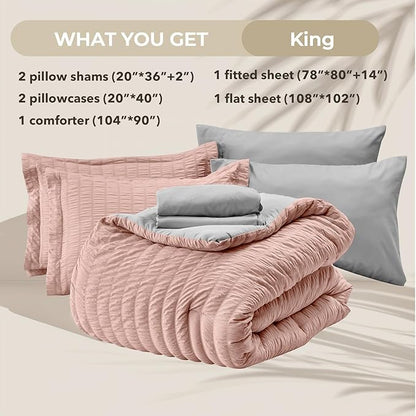 HYMOKEGE Rose Gold/Light Grey King Size Comforter Set Seersucker 7 Pieces, All Season Luxury Bed in a Bag for Bedroom, Bedding Set with Comforter, Sheets, Pillowcases & Shams