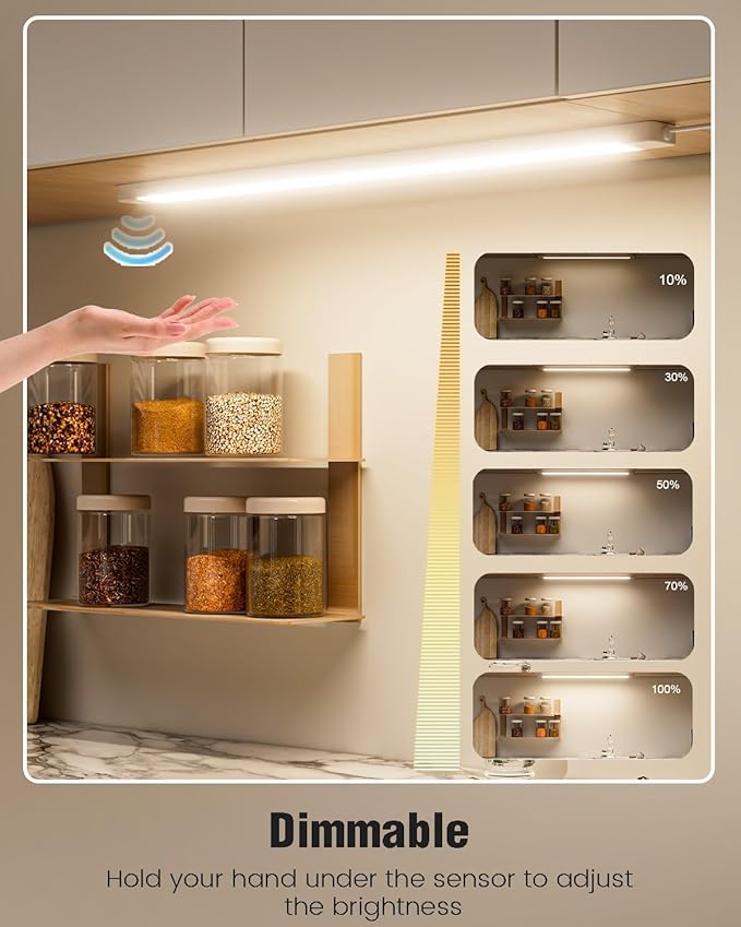 MYPLUS 2Pcs 24 Inch Under Cabinet Lights with Hand Wave, Under Counter Lighting 4000K Natural White,Dimmable,Plug and Play,LED Lights for Kitchen Cabinet, Cupboard, Closet, Desk