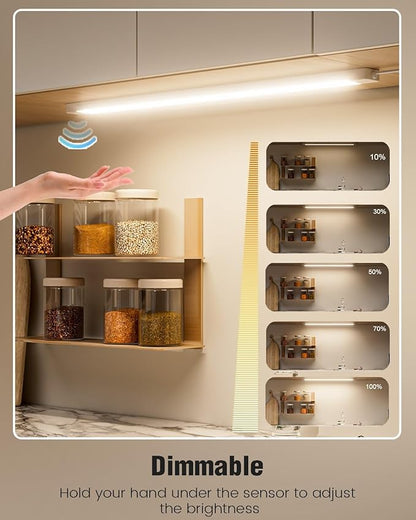 MYPLUS 2Pcs 24 Inch Under Cabinet Lights with Hand Wave, Under Counter Lighting 4000K Natural White,Dimmable,Plug and Play,LED Lights for Kitchen Cabinet, Cupboard, Closet, Desk