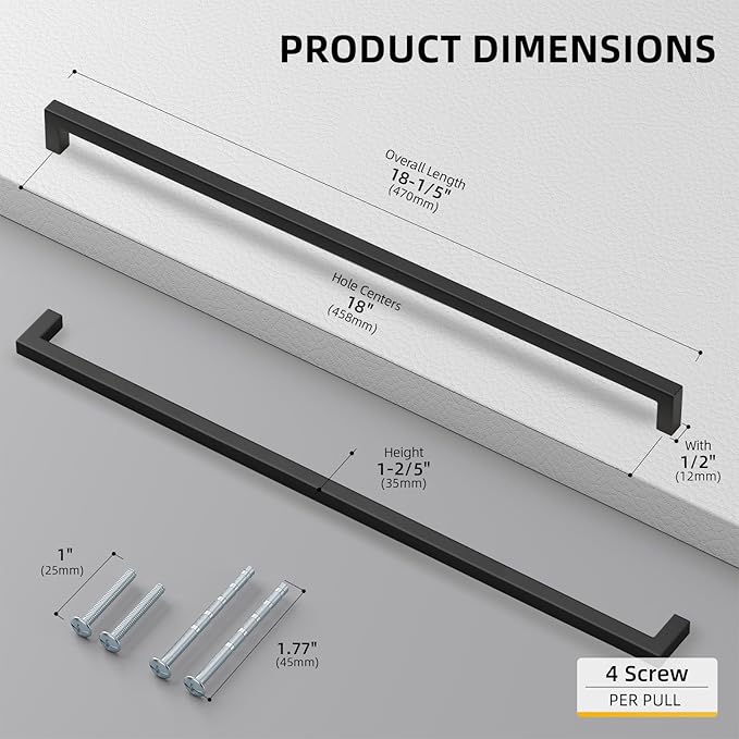 goldenwarm 1 Pack 18 Inch Black Cabinet Handles Matte Black Drawer Pulls Stainless Steel Cabinets Hardware Square Bar Modern for Kitchen Bathroom Cupboard