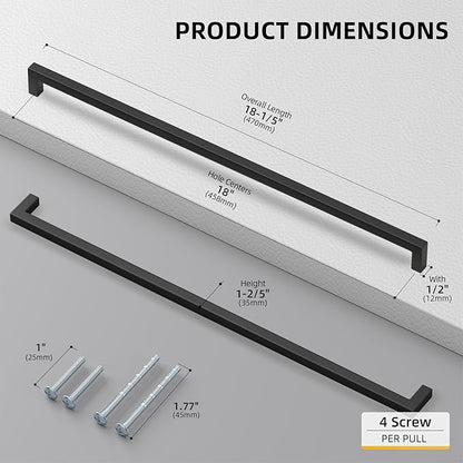 goldenwarm 50 Pack 18 Inch Black Cabinet Handles Matte Black Drawer Pulls Stainless Steel Cabinets Hardware Square Bar Modern for Kitchen Bathroom Cupboard