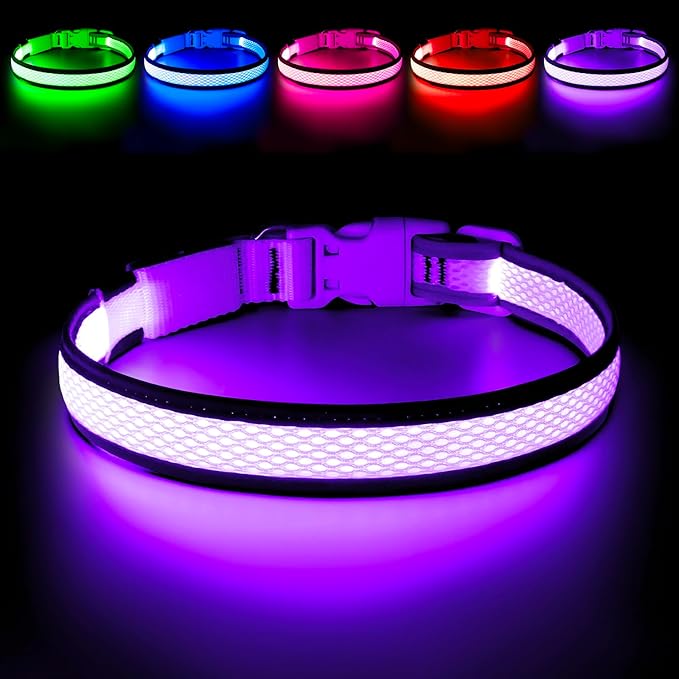 Flashseen LED Dog Collar, Light Up Dog Collar Light USB Rechargeable, Adjustable Comfortable Soft Mesh Safety Collar for Small, Medium, Large Dogs(Large, Purple)-Mewly Pet