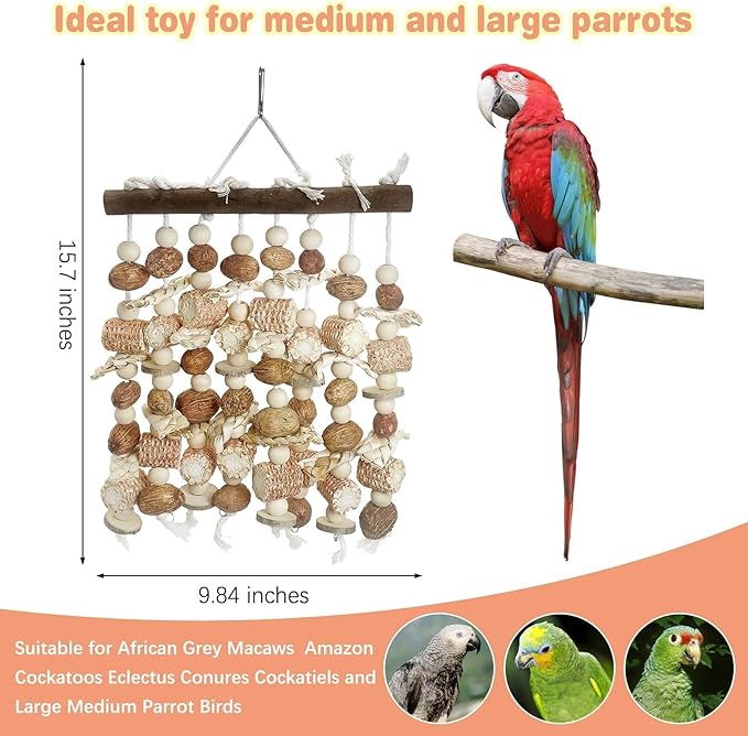 PINVNBY Large Parrot Toys Natural Nuts Corn Cob Wooden Chewing Tearing Toy for African Grey Macaws Amazon Cockatoos Eclectus Conures Cockatiels Cockatoo and Large Medium Birds (Natural)-Mewly Pet