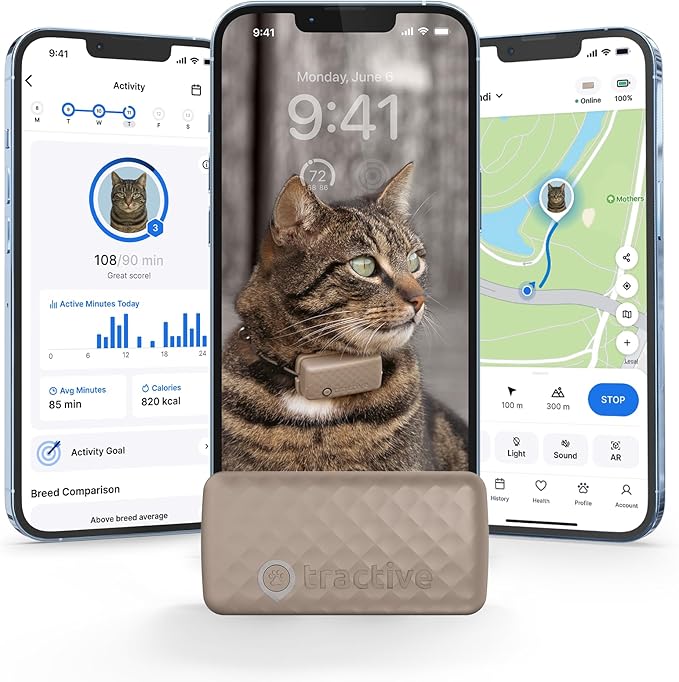 Tractive Smart Cat GPS Tracker | Real-Time Location & Wellness Monitoring for Cats 6.5 lbs+ | Territory & Location History | Up to 5-Day Battery | Breakaway Collar Included (Brown)-Mewly Pet
