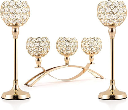 VINCIGANT Set of 3 Gold Candle Holders Wedding Table Centerpieces,Tealight Candlestick Candelabra Stand with 3 Arms for Fireplace Home Living Room Decor,Valentine's Day Housewarming