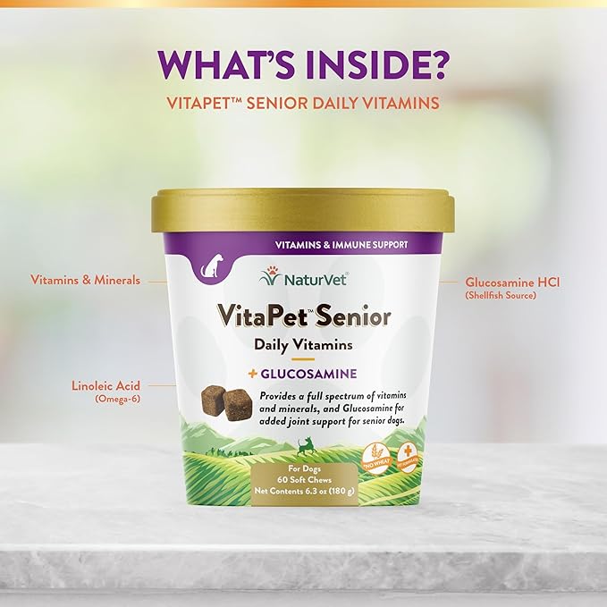 NaturVet VitaPet Senior Daily Vitamins Plus Glucosamine for Dogs, 60 ct Soft Chews, Made in The USA with Globally Source Ingredients-Mewly Pet