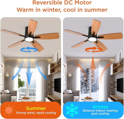 TALOYA 42 inch Ceiling Fans with Lights,Ultra Quite Low Profile Ceiling Fan with Light and Remote Control,Flush Mount, Reversible, Dimmable,Modern Ceiling Fan for Bedroom Kids Room Black