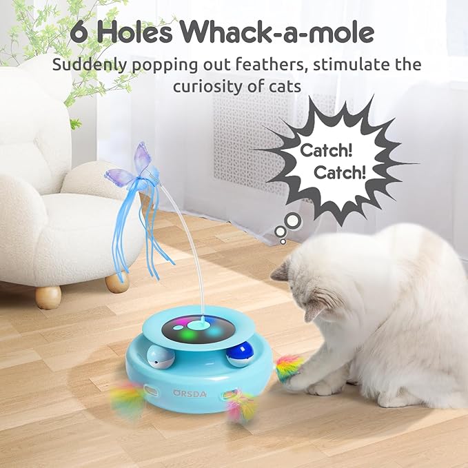ORSDA Cat Toy, 3-in-1 Automatic Interactive Electronic Moving Ambush Feather, Fluttering Butterfly, Track Balls, USB Rechargeable Powered Smart Indoor Exercise Kicker-Mewly Pet