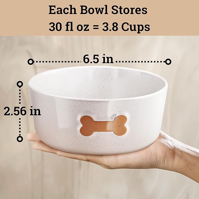 Ceramic Dog Bowl Set of 2 with Anti-Skid Base - 6.5" Wide x 2.5" Tall Ceramic Dog Bowls Medium Sized Dogs - 3.8 Cup Capacity Food and Water Bowls for Dogs - Rubber Bottom Pet Bowl Set of 2 Medium Size-Mewly Pet