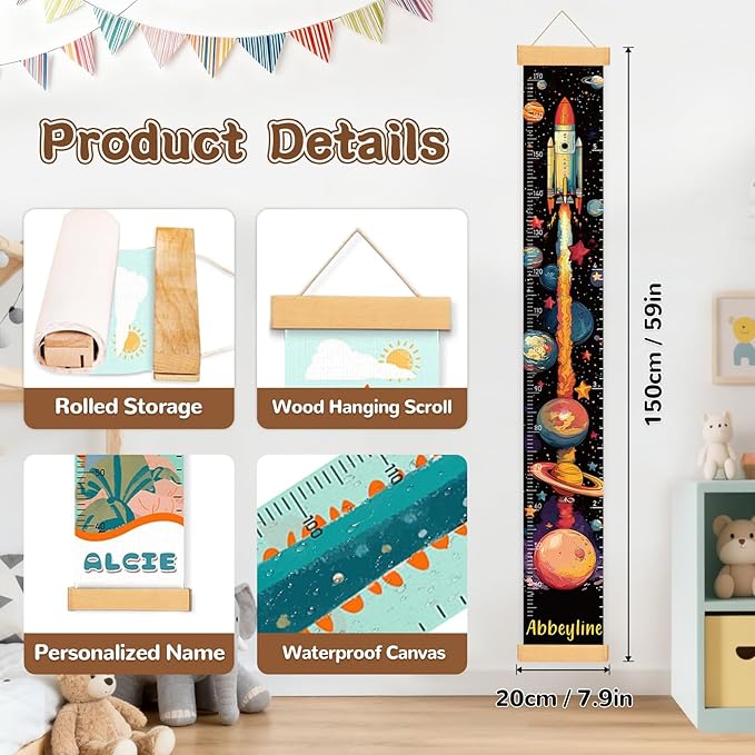 Personalized Name Space Rocket Height Chart for Kids, No-Drill Growth Chart for Wall, Hangable and Removable Growth Chart Ruler, Kids Room Decor & Thoughtful Birthday Gift for Boys and Girls
